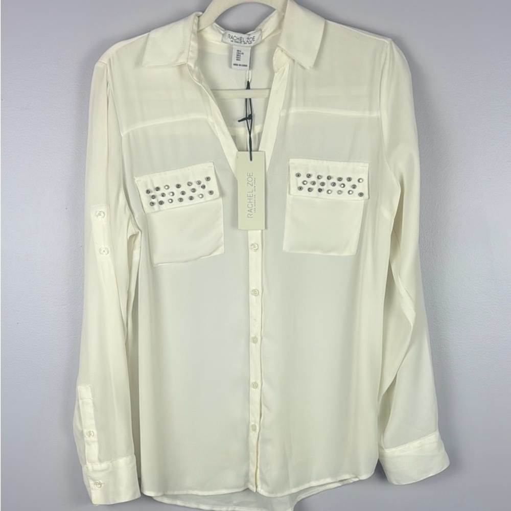 Rachel Zoe Casual White Button-Up Blouse with Metal Detail Size Large - Picture 2 of 13